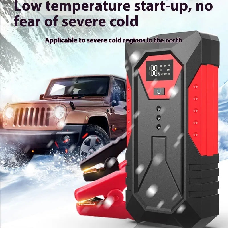 Red 12V car emergency start power bank with 18800mAh capacity and battery clamps