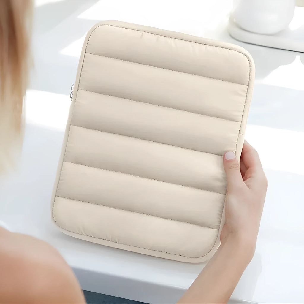 Fluffy laptop sleeve with elastic sides for 9.7 to 11 inch devices in black, khaki or silver colours