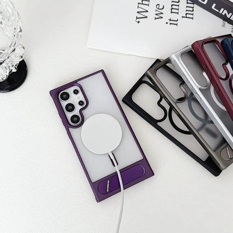 Samsung phone case with folding metal bracket, magnetic suction, and frosted skin-feeling finish