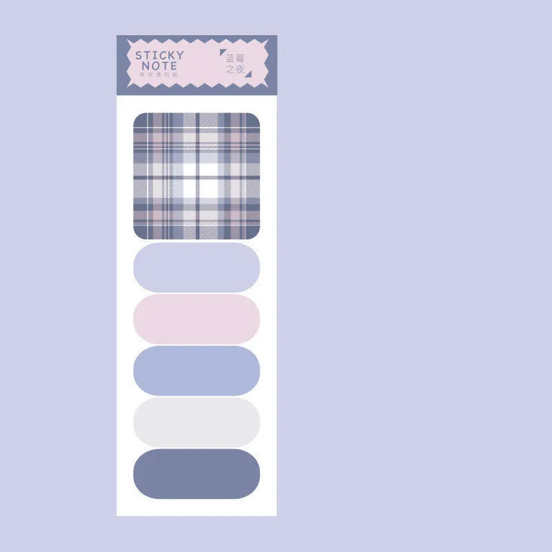 Set of six colourful memo pads with sticky notes, showing plaid and solid colour designs like Spring Garden and Twilight Coast.