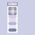 Set of six colourful memo pads with sticky notes, showing plaid and solid colour designs like Spring Garden and Twilight Coast.