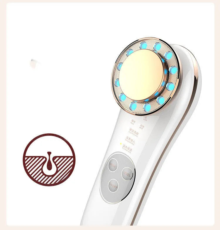 7 in 1 facial massager in platinum or silver with red blue light and EMS micro current, 45 x 55 x 151 mm