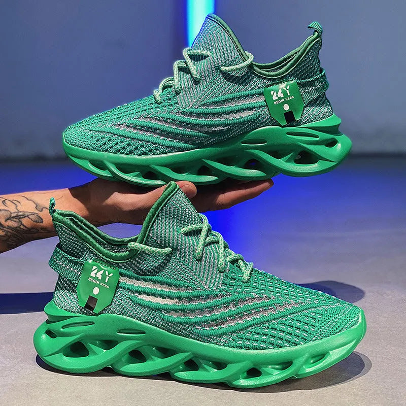 Men's blue mesh casual sneakers with platform sole and stitching details