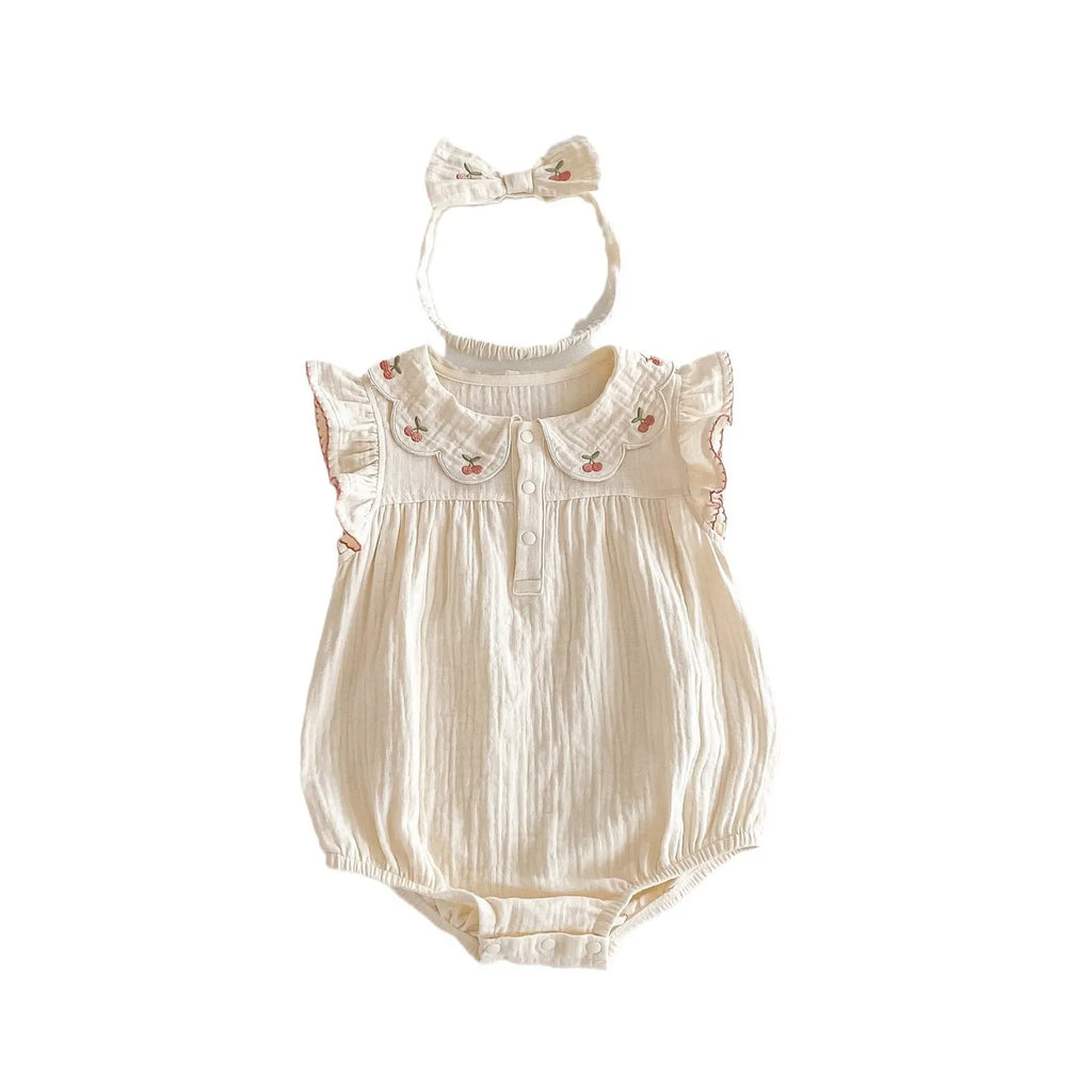 Apricot sleeveless cotton double-breasted baby jumpsuit with matching hair band, summer thin romper for heights 66cm-90cm.