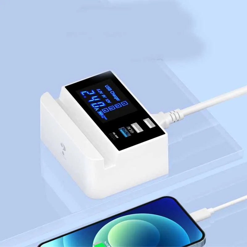 White USB multi-port charger for tablet and smartphone, 2100mA, with 150cm cord and EU UK US plug options
