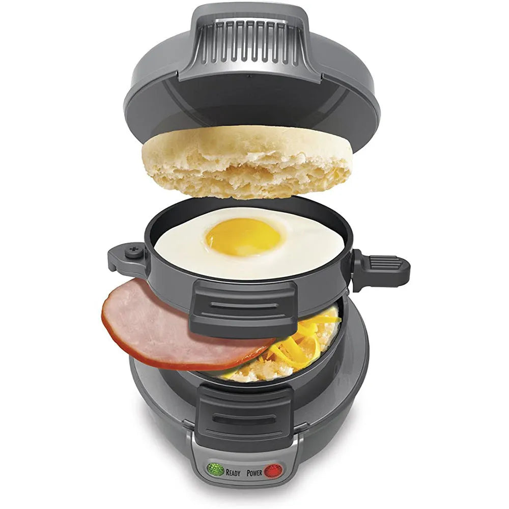 Household breakfast machine with egg cooker ring and sandwich maker in red orange grey colours