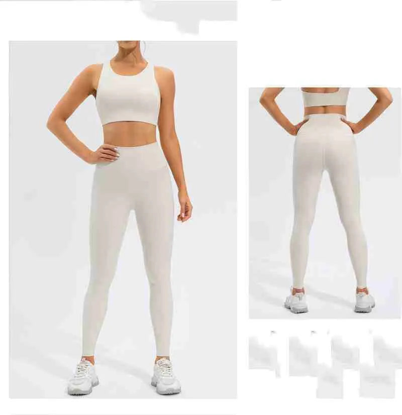 High waist running sports fitness yoga clothes set in Lycra fabric off-white black and dark brown tight fit women