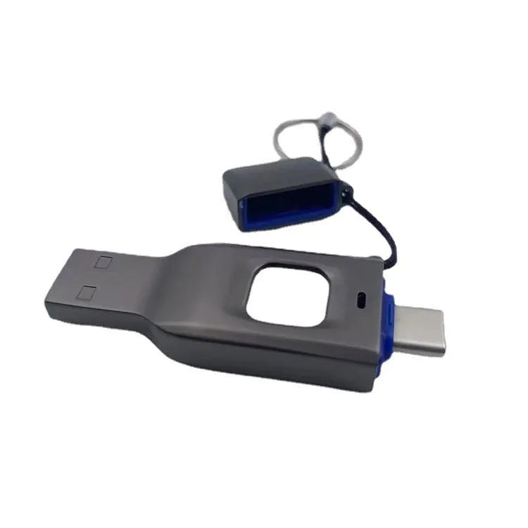 Black fingerprint USB flash drive with metal casing showing USB 3.0 and Type-C interfaces