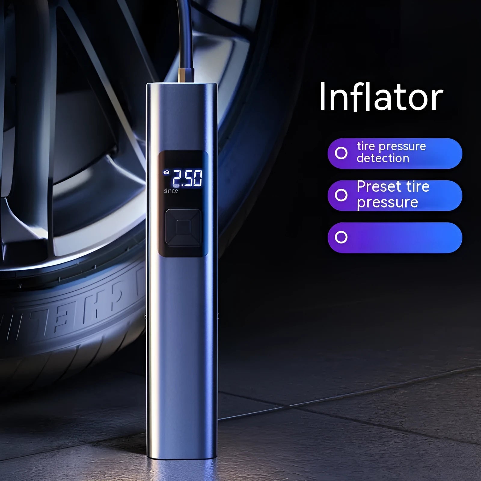 Wireless digital car inflator with vacuum cleaner function and emergency lighting