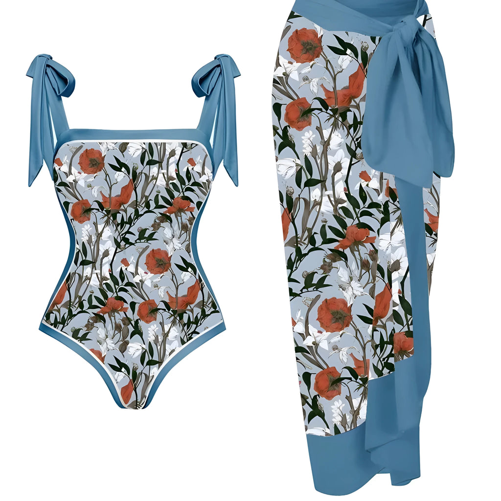 Women's printed chiffon swimsuit with hip skirt in floral pattern