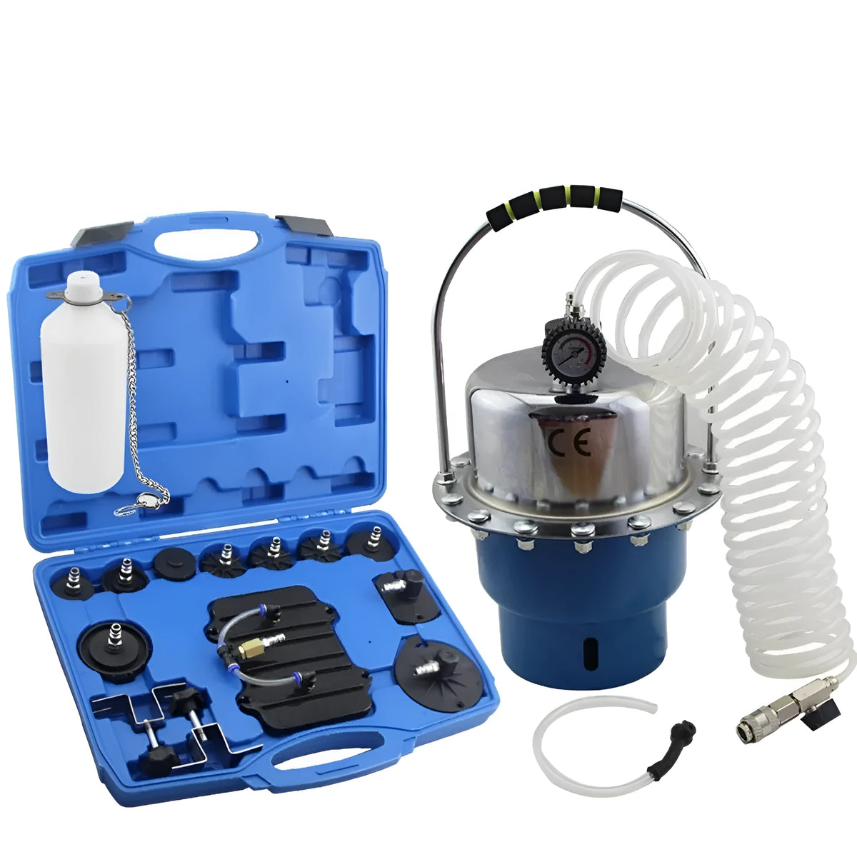 Pneumatic brake fluid replacement tool with 5L tank, pressure gauge, and adapter kit