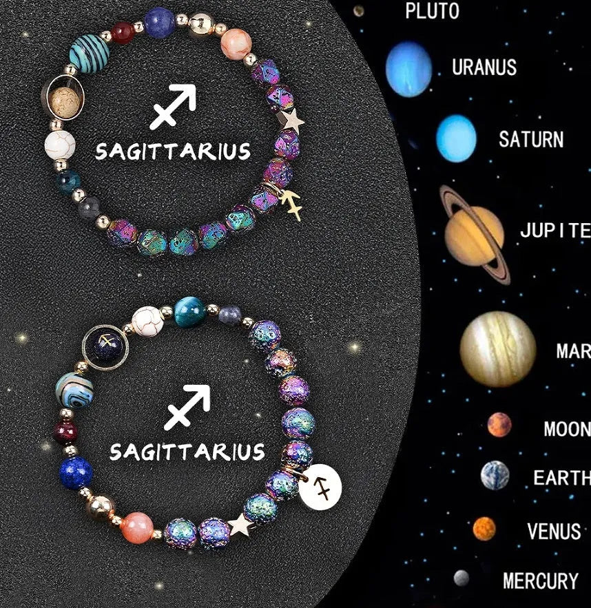 Pair of adjustable beaded bracelets with natural stone beads and a sterling silver zodiac charm on a wooden surface.