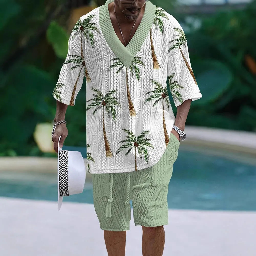 Men's loose casual short sleeve suit set with matching shorts in various colour options