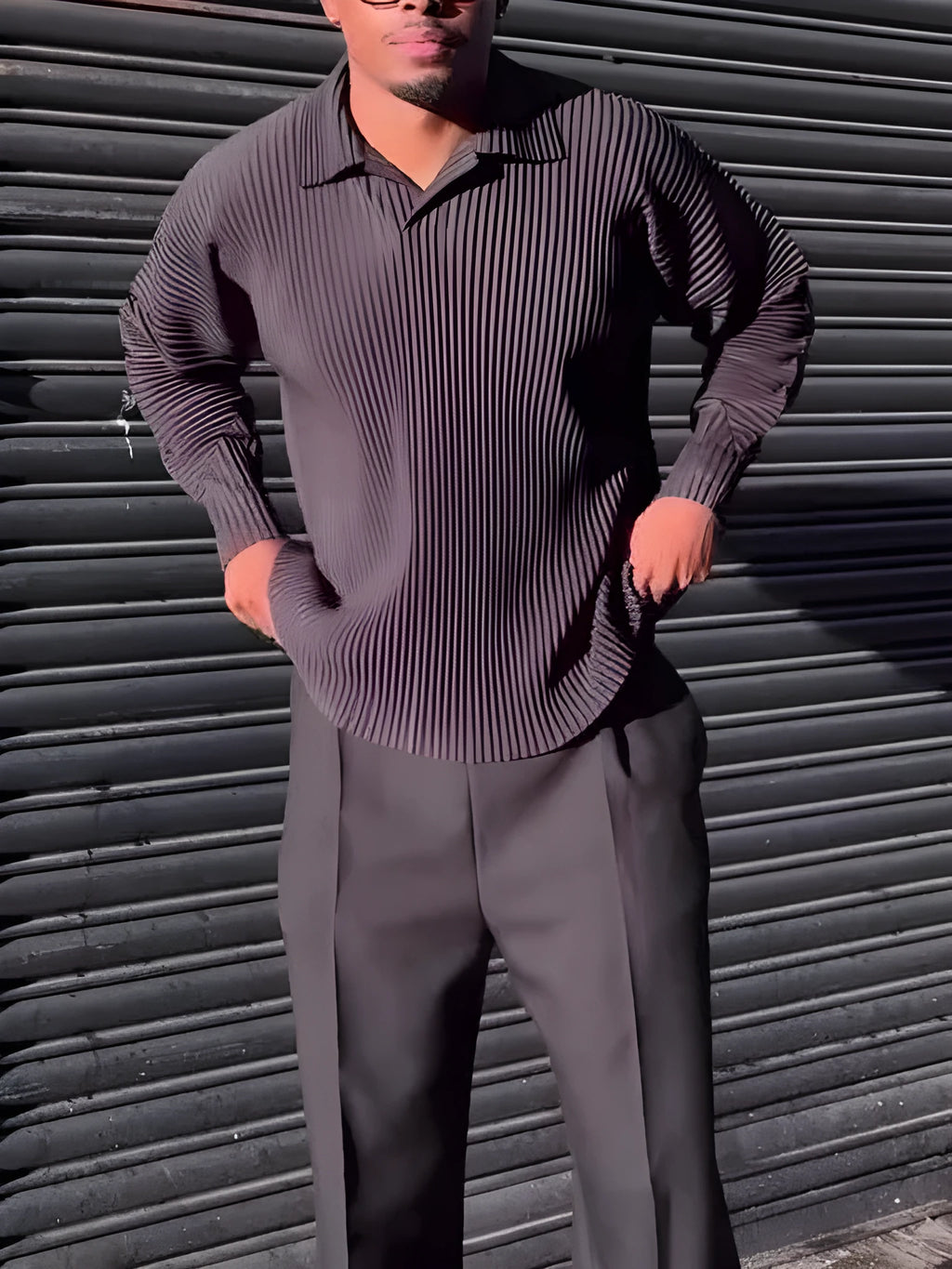 Black men's long-sleeved casual shirt with a pleated design detail on the front.