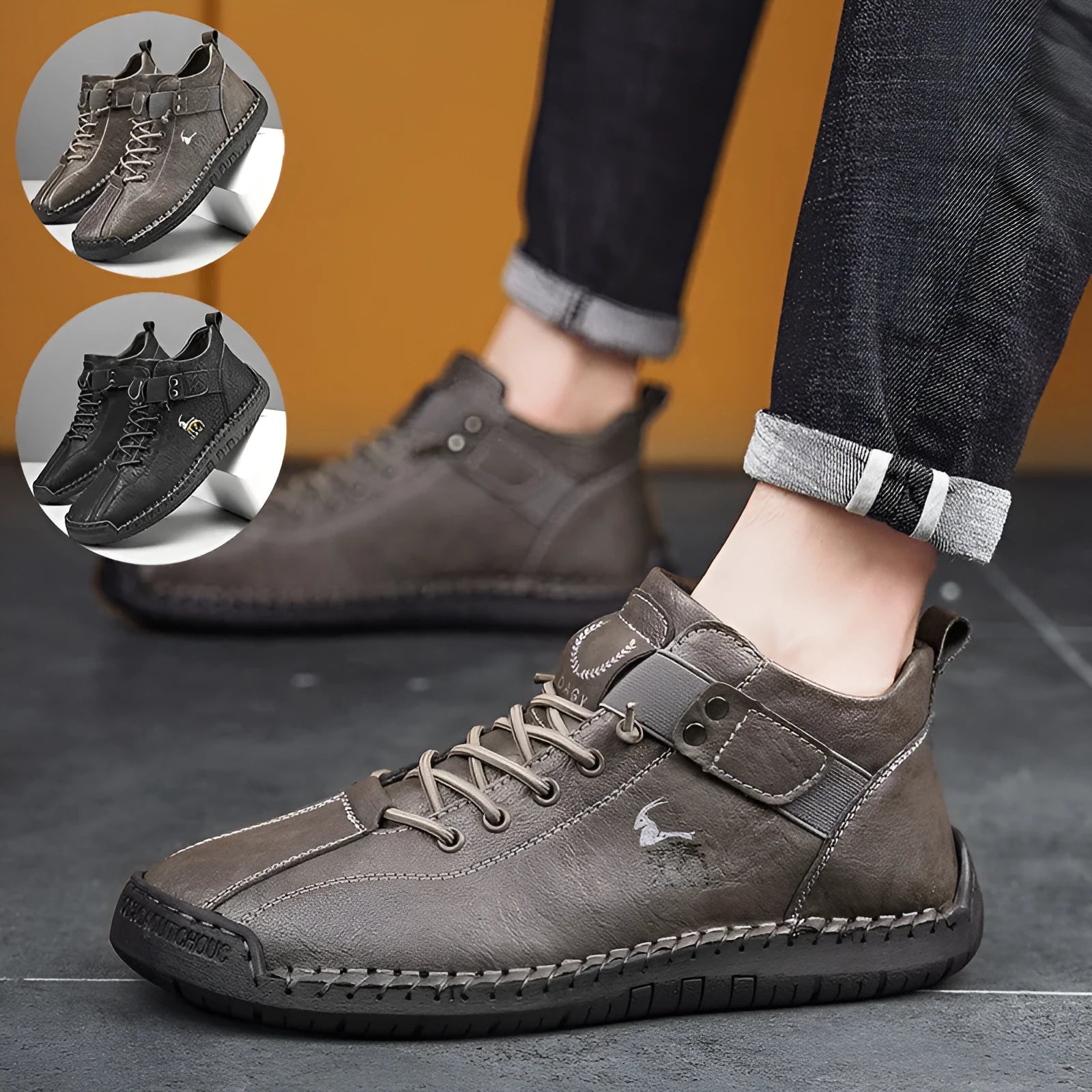 Men's casual velcro sneakers in black with microfiber upper and rubber sole, lace-up front and car stitching detail