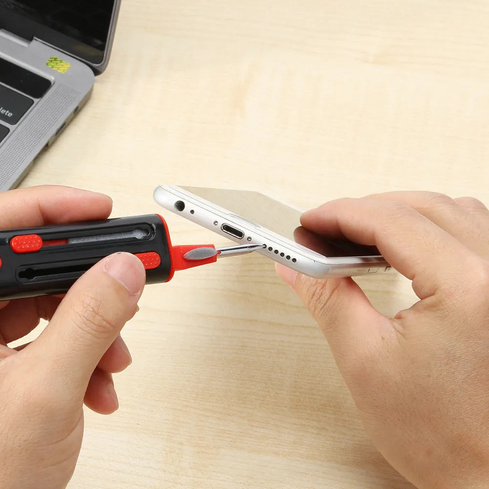 White and red cleaning pen for AirPods Pro with metal pick, brush, and sponge heads.