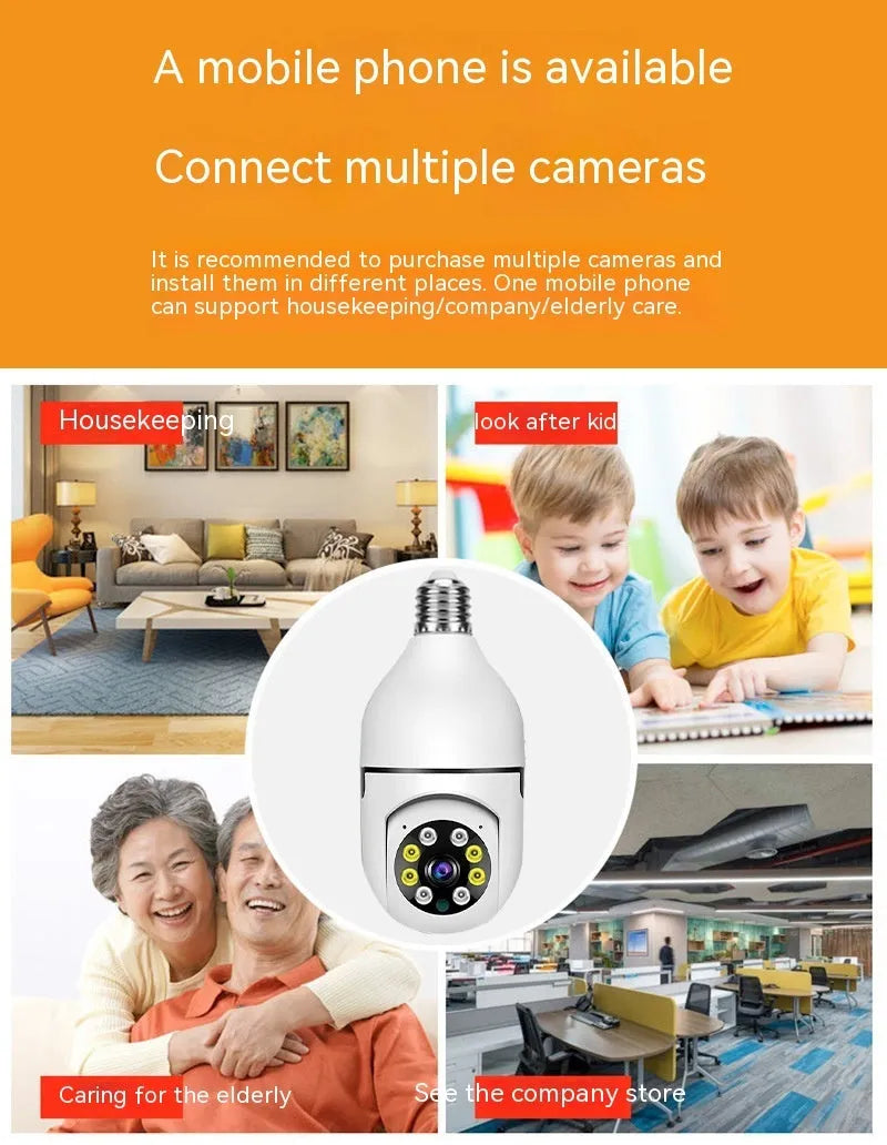 Wireless WiFi security bulb camera with metal base and plastic housing, shown next to its packaging.