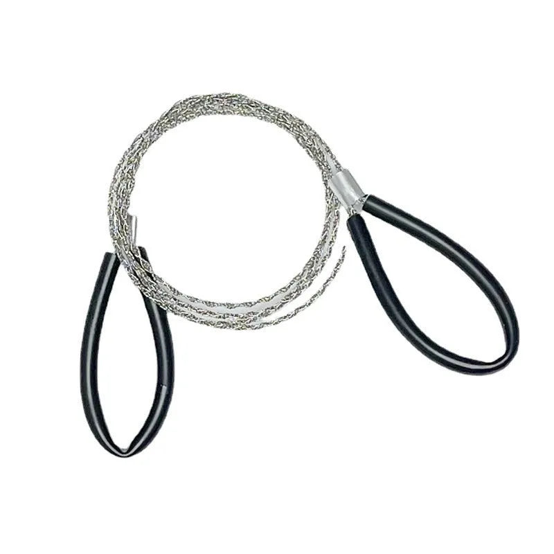 Outdoor survival hand wire saw with leather case, showing coiled stainless steel cutting line.