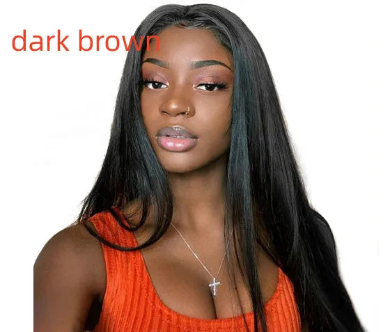 A long straight black synthetic wig with centre-parted bangs, made from high-temperature fibre.