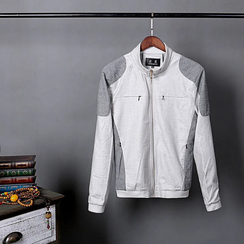 Men's thin linen blend casual jacket in regular fit, shown in heather grey, on a hanger.