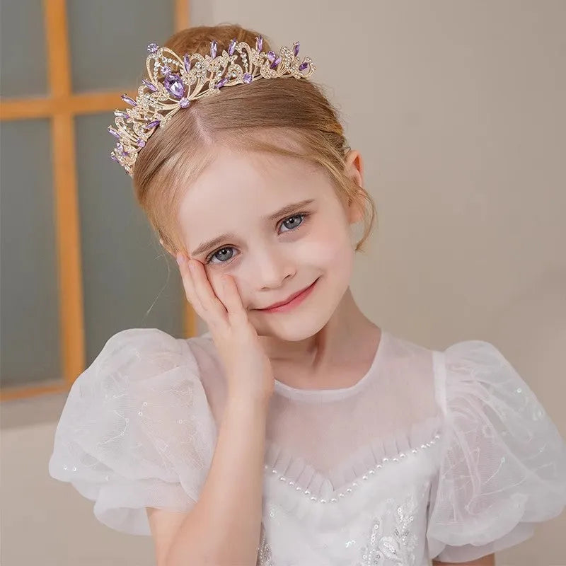 Children's simple purple rhinestone crown headdress with electroplated alloy hair band K9 pointed horse eye rhinestones