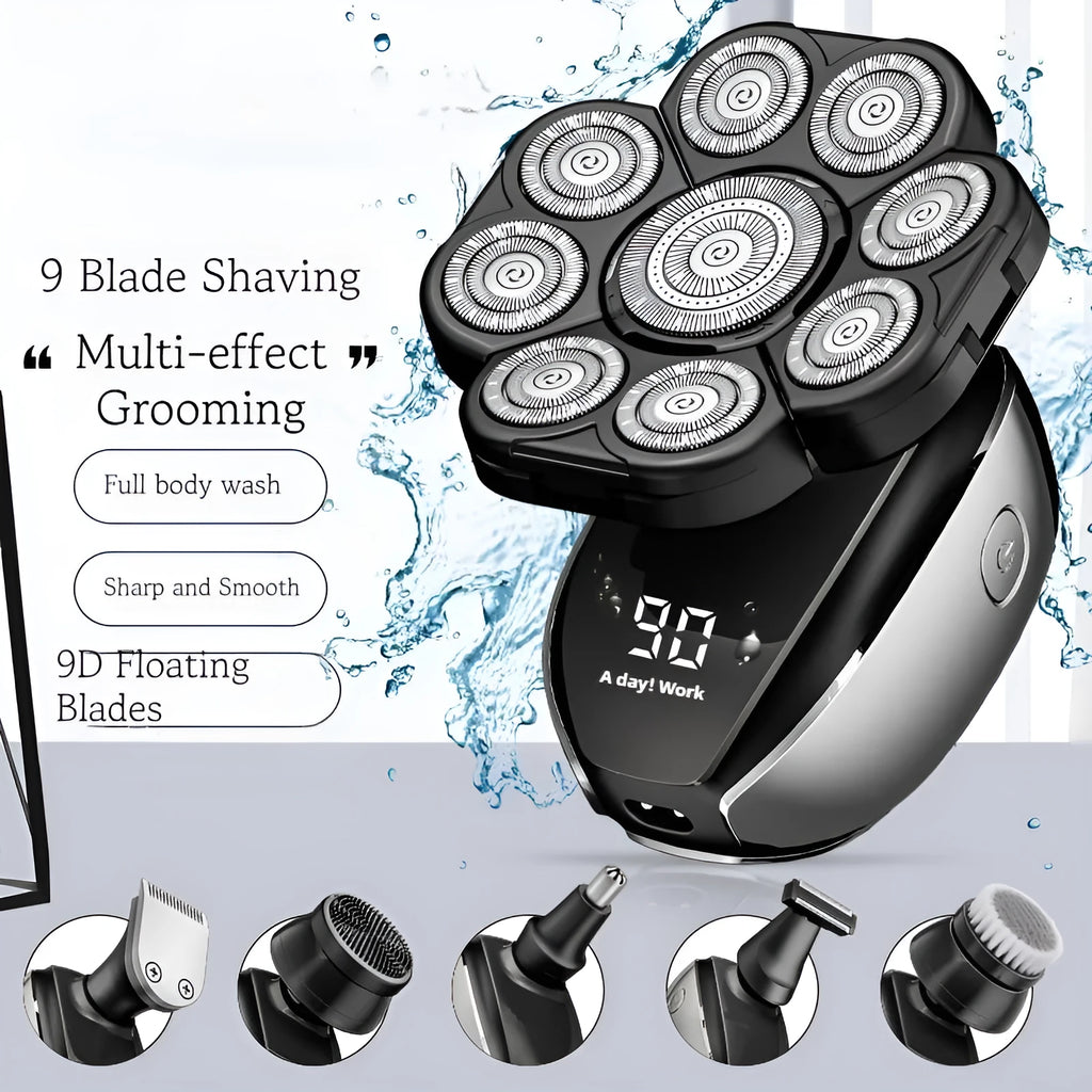 Black rechargeable 6-in-1 multifunctional hair clipper kit with attachments on a white background.