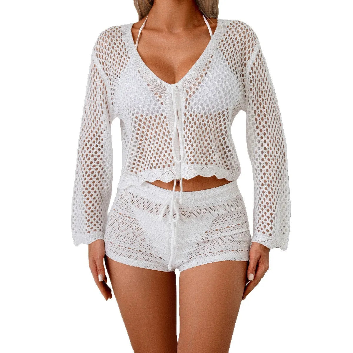 Short apricot women's cardigan blouse with bell sleeves and hollow woven texture.
