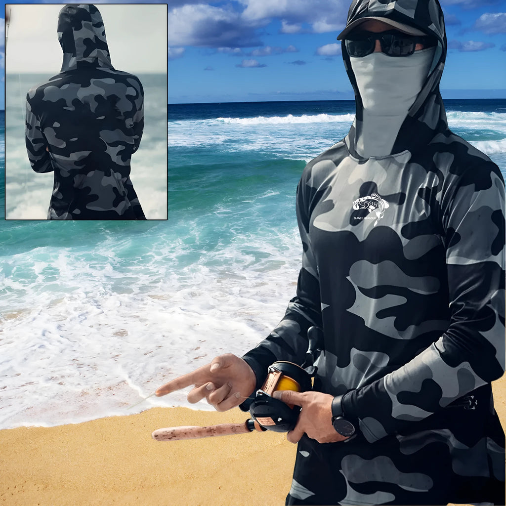 Man wearing a grey long sleeve fishing shirt with an integrated hood and face mask, showing mesh side panels.