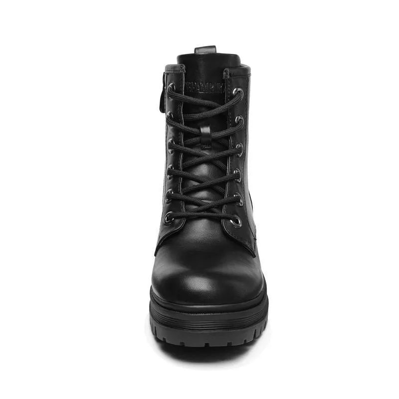 Women's flat lace up satin booties in black with over-the-knee sock length and lace-up front