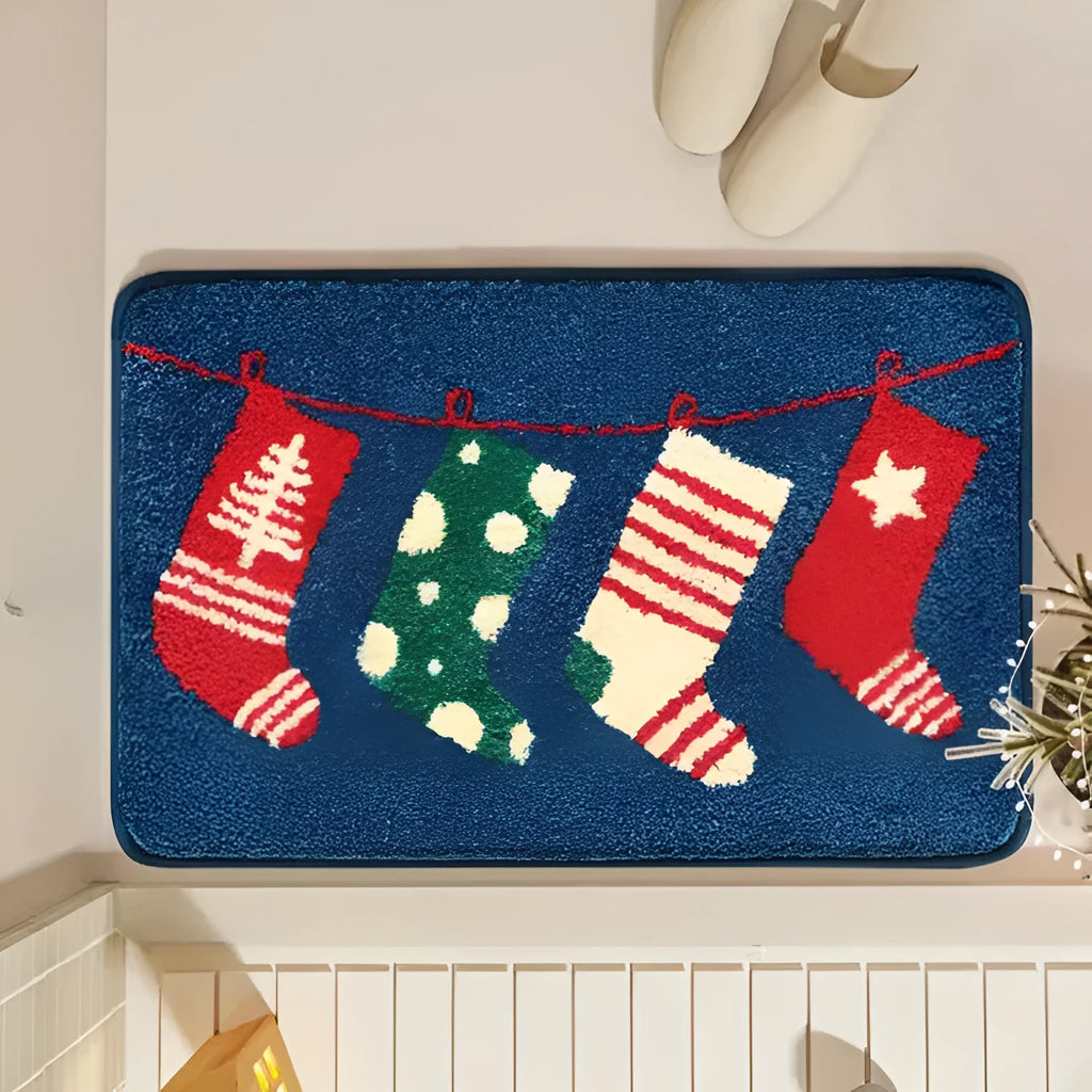 Cartoon plush bathroom mat 50x80cm thickened non-slip polyester fiber Christmas Stockings design