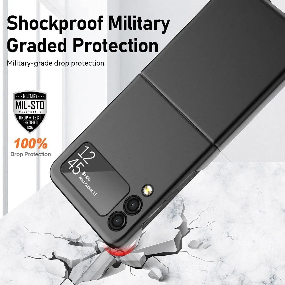 Oil injection foldable phone case for Samsung Galaxy Z Flip 3 and Z Flip 4 in black, with mirror finish and bracket