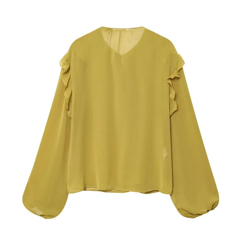 Women's yellow ruffled laminated decorative shirt with plants and flowers print and button front