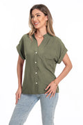 Women's loose fit short sleeve summer top with stand collar and button front in Army Green.