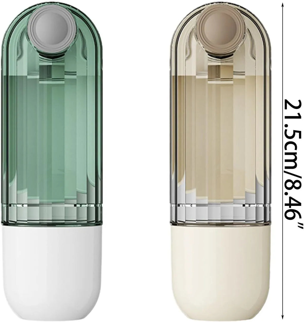 Beige foldable dog water bottle and food dispenser with large drinking opening, shown next to a leash.