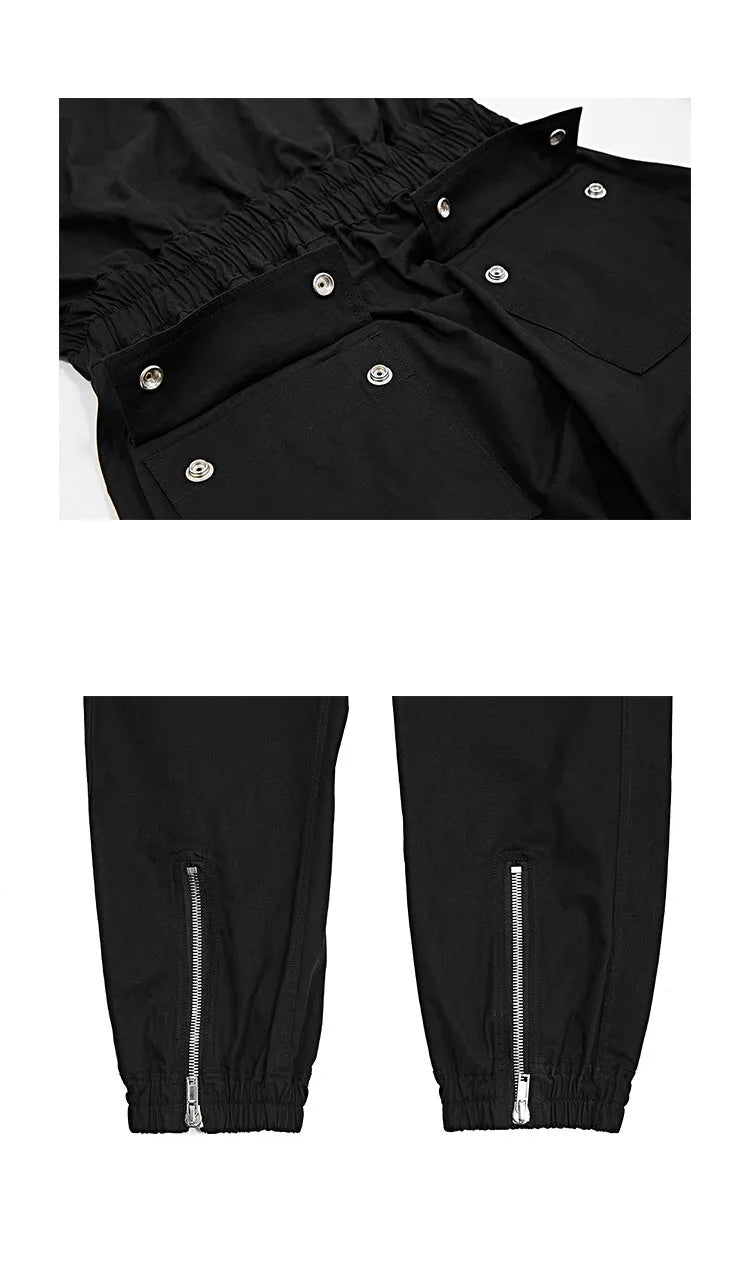 Black loose cotton cargo jumpsuit for men, mid-waist, multiple pockets, sizes 46-50