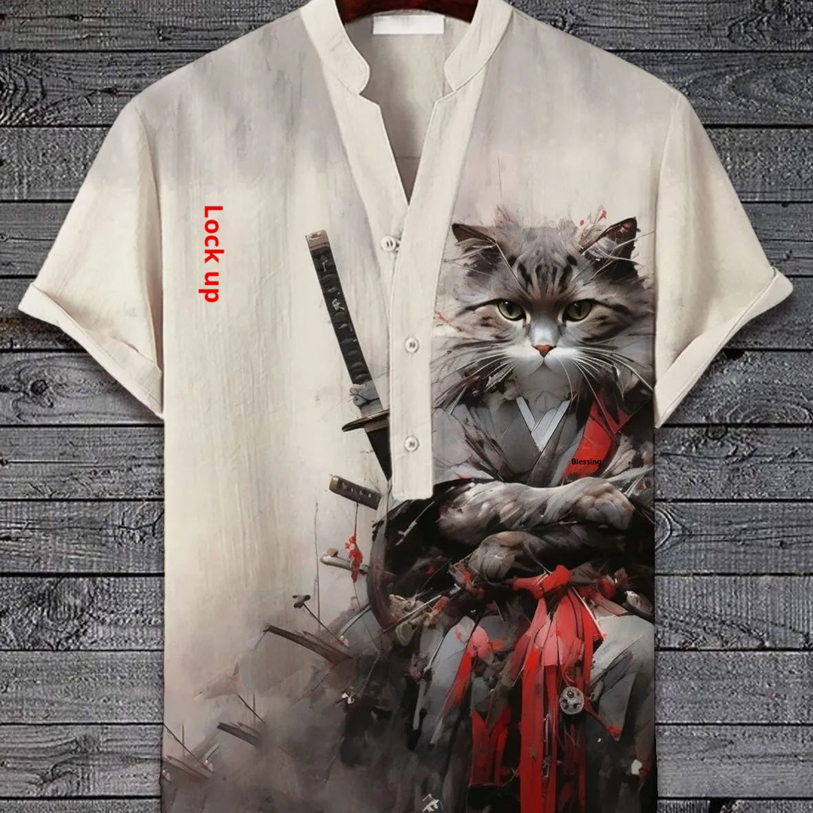3D digital animal pattern short sleeve casual shirt on a hanger, showing one of thirteen colour variants.