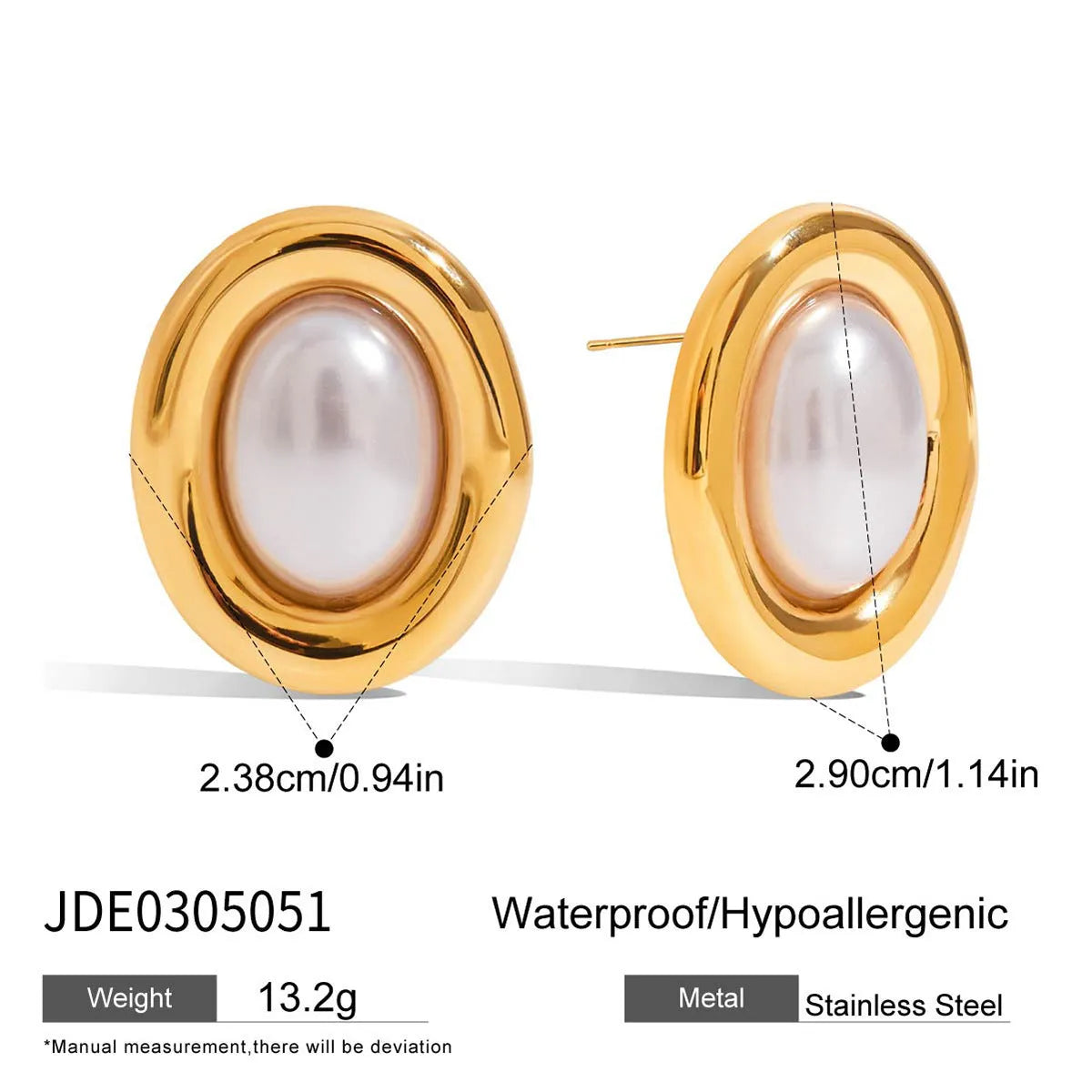 A pair of stainless steel stud earrings with a vintage pearl centre in a silver-tone finish.