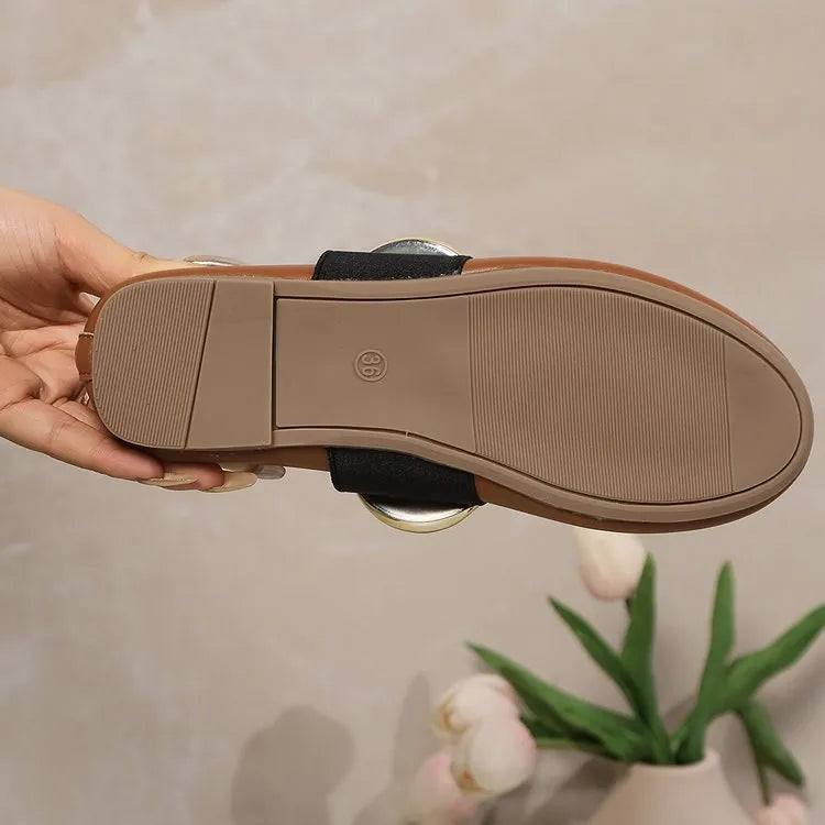 Women's brown artificial PU slip-on loafers with metal buckle and sequin decoration on front