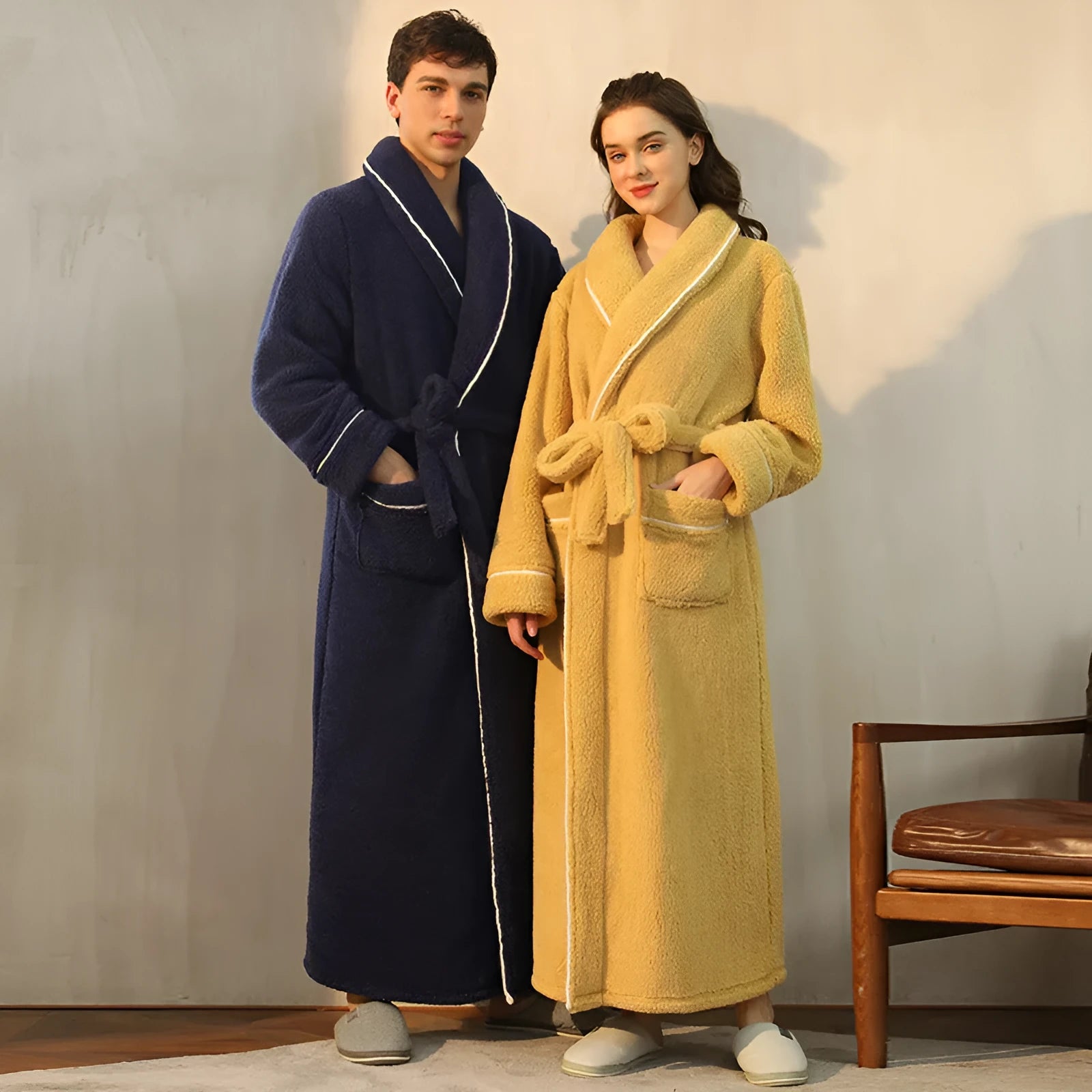 Long, thick grey flannel bathrobe with tie belt, worn as a winter nightgown.