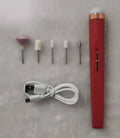 White cordless electric nail drill machine with LED light, five abrasive heads, and a USB charging cable on a pink background.