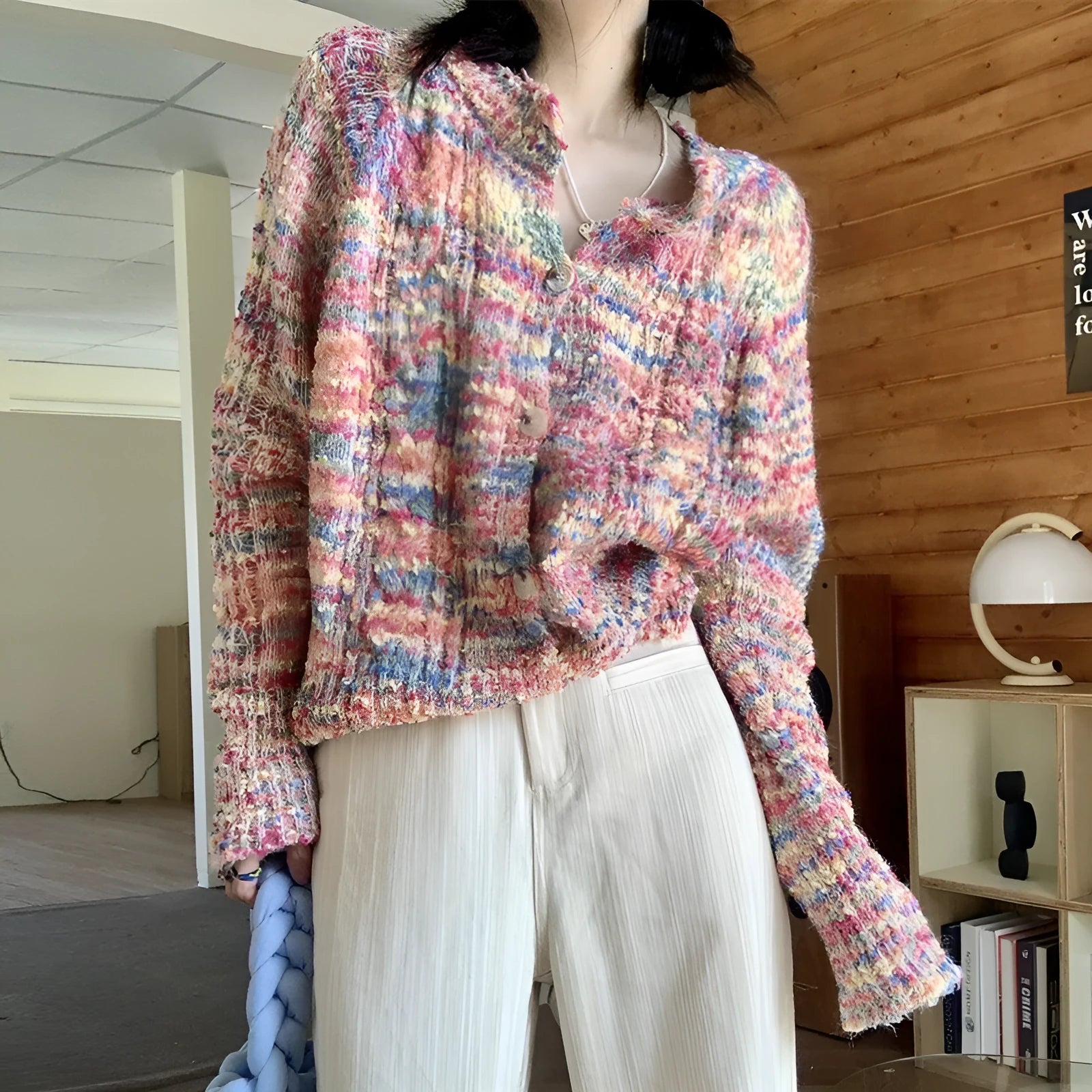 Retro rainbow pattern knitted cardigan sweater in pink or green, slim fit free size.