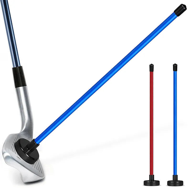 Red aluminium alloy golf swing trainer with magnetic baseball bar alignment tool on a green background.