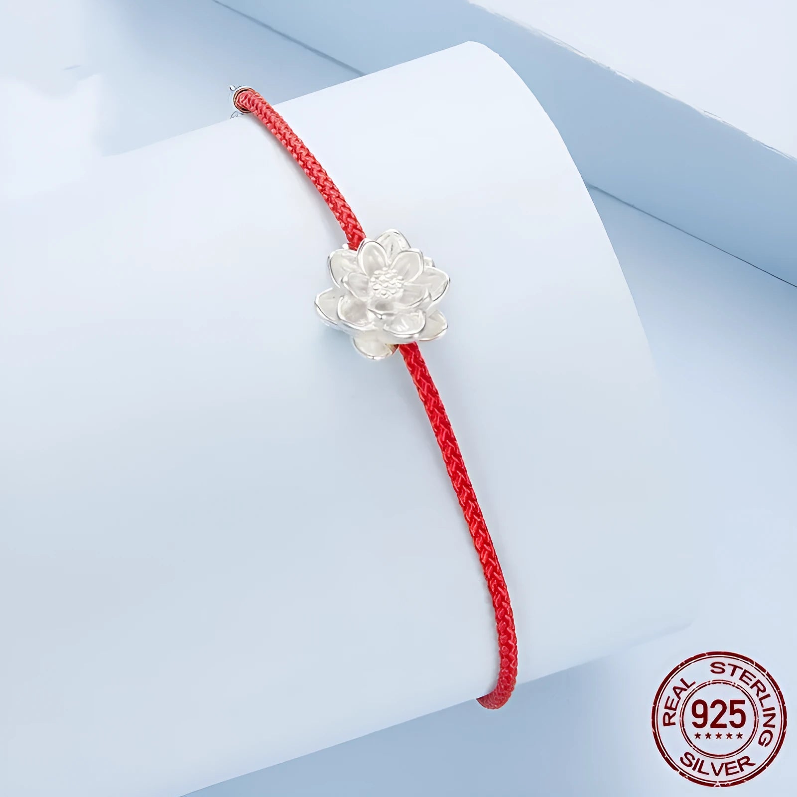 Original S925 silver lotus red rope bracelet for women, simple floral design on white background