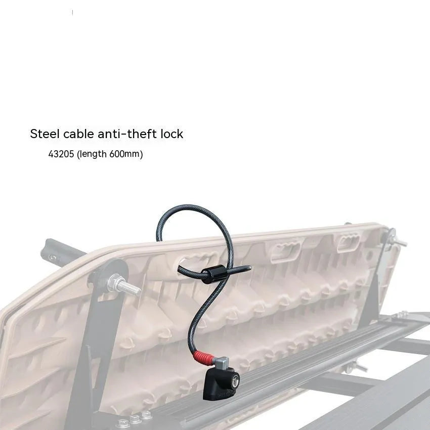 Plastic-sheathed steel cable lock for securing equipment to a roof platform without drilling.
