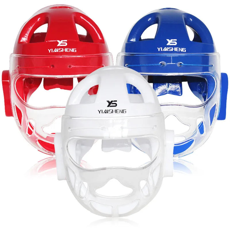 White, blue, and red karate helmet for boxing head protection, shown in S, M, L, XL sizes.