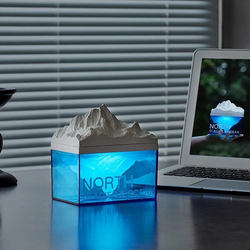 Glacier night light Bluetooth speaker with solid colour glacier pattern on bedside table