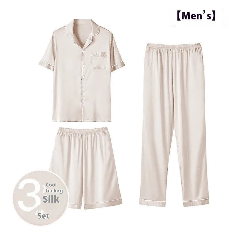 Man's ice silk three-piece homewear set showing top, shorts, and trousers in a thin fabric.