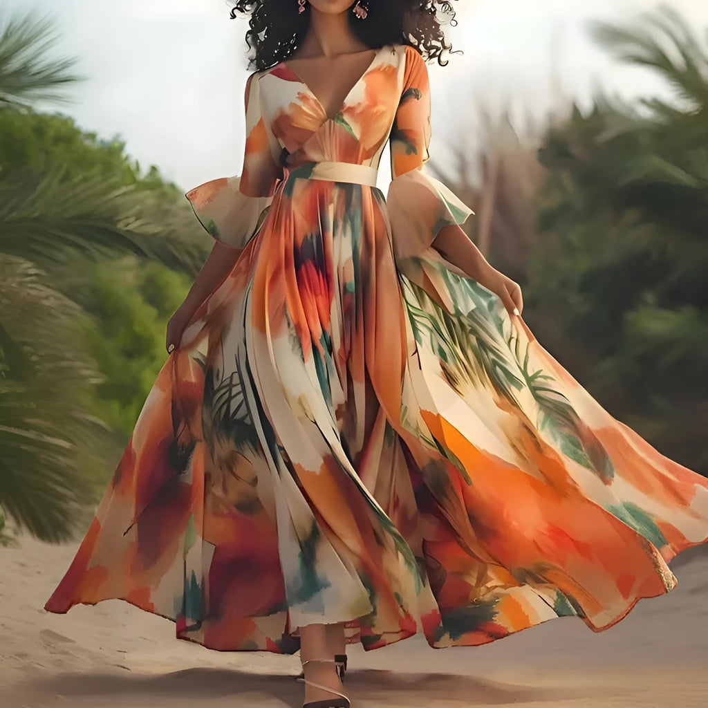 Women's geometric print high waist large swing long dress in polyester fabric, available in multiple colours and sizes S to 2XL