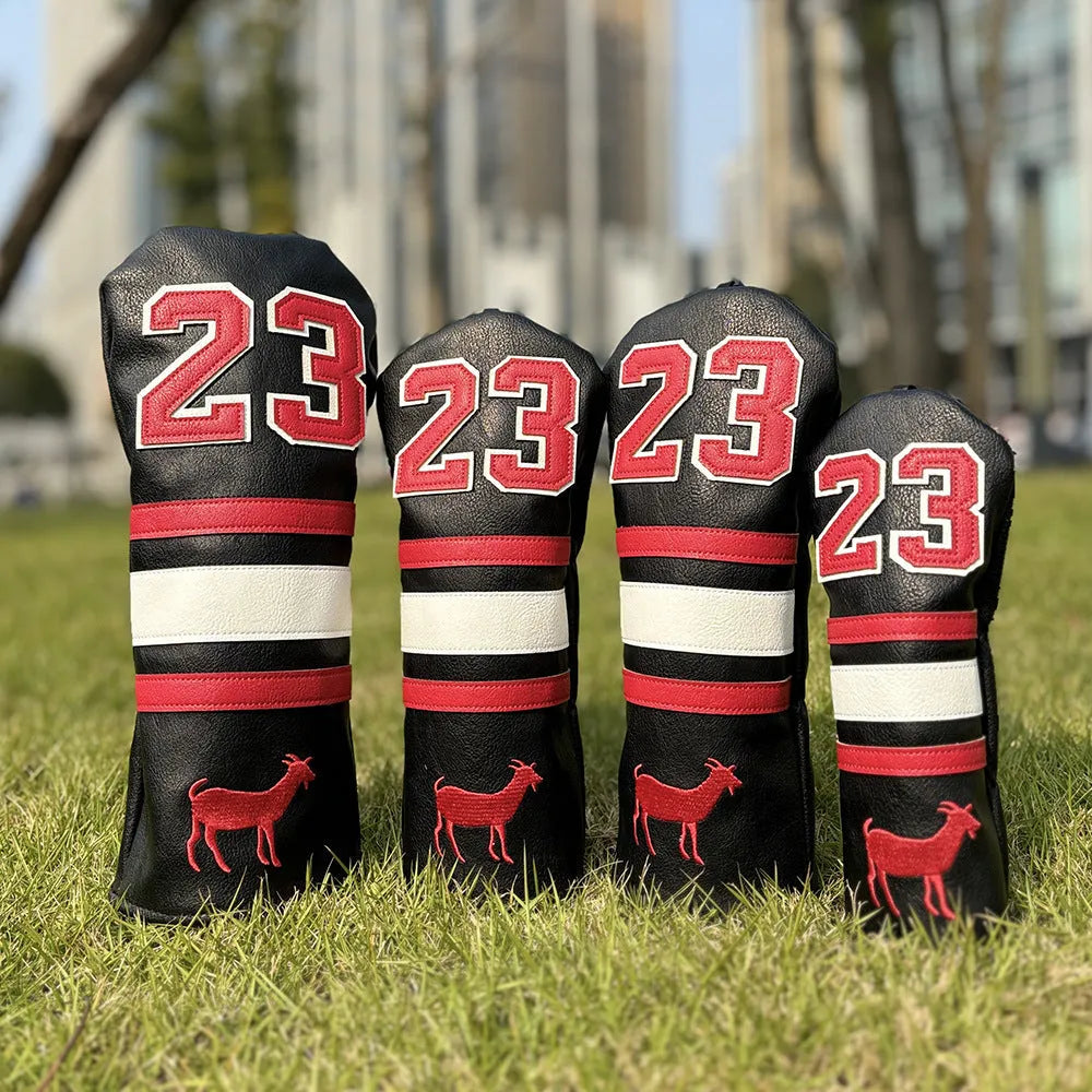 Set of four PU golf club head sleeves in a chosen colour for UT, No 1, 3/5, and Square putter woods.