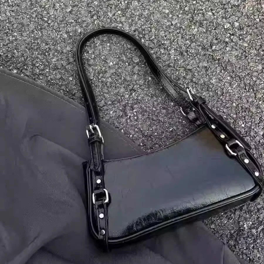 Hot Girl Locomotive style black PU all-matching shoulder bag with three-dimensional pocket, horizontal square shape